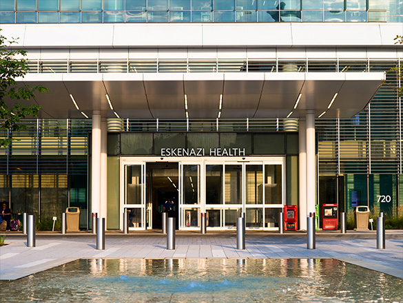 Hospital Main Entrance with the words Eskenazi Health above the doors